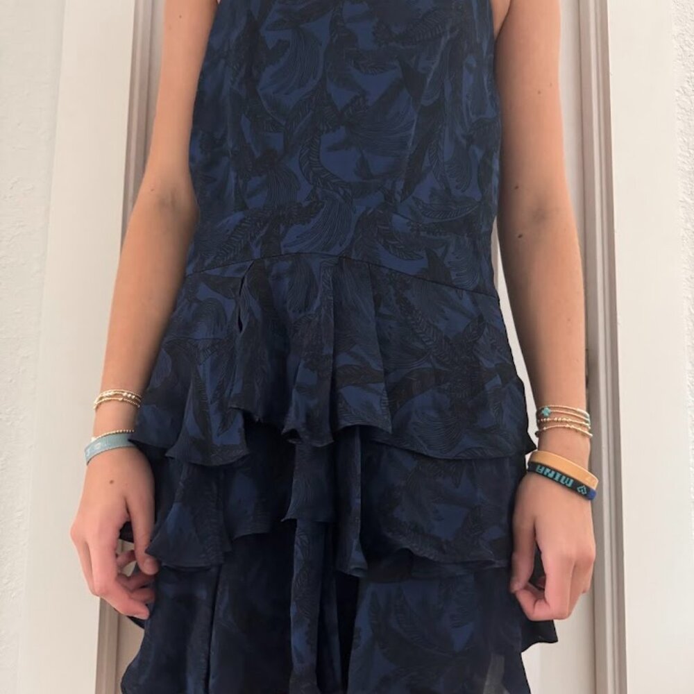 Derek Lam 10 Crosby Black & Blue Leaf Fern Patterned Flounce Mini Dress